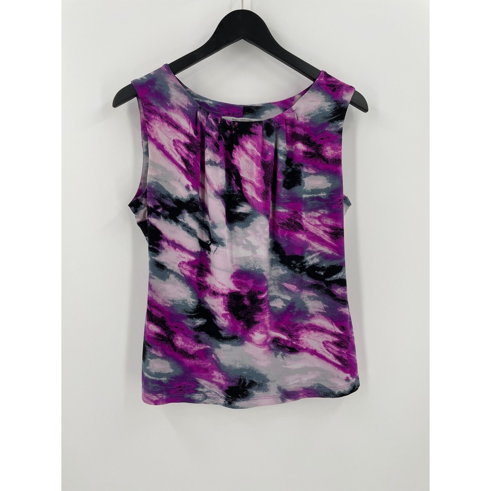 Marc New York Andrew Marc Womens Purple Abstract Watercolor Pleated Blouse M